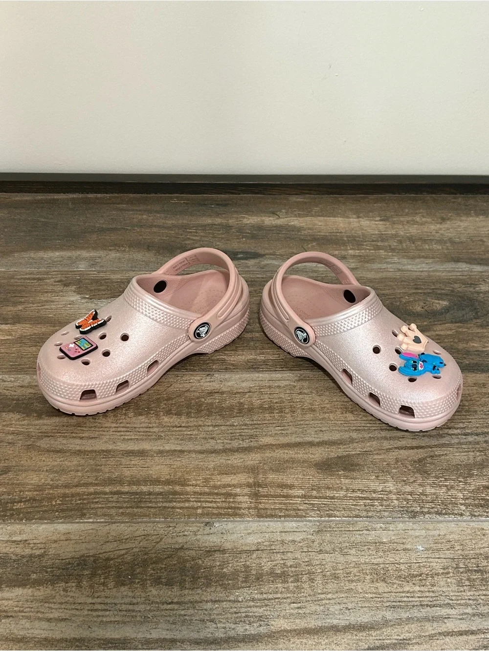 Crocs C12 Kids Light Pink Shimmer Slip-On Clog Shoes Decorative Charms